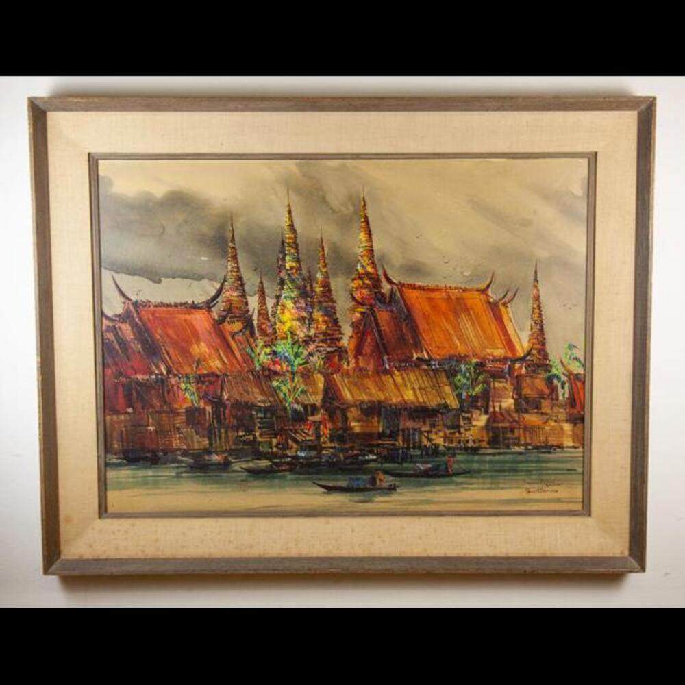 Framed Watercolor Art - 'Monsoon Season in Bangkok' by Frank M. Hamilton 29x37